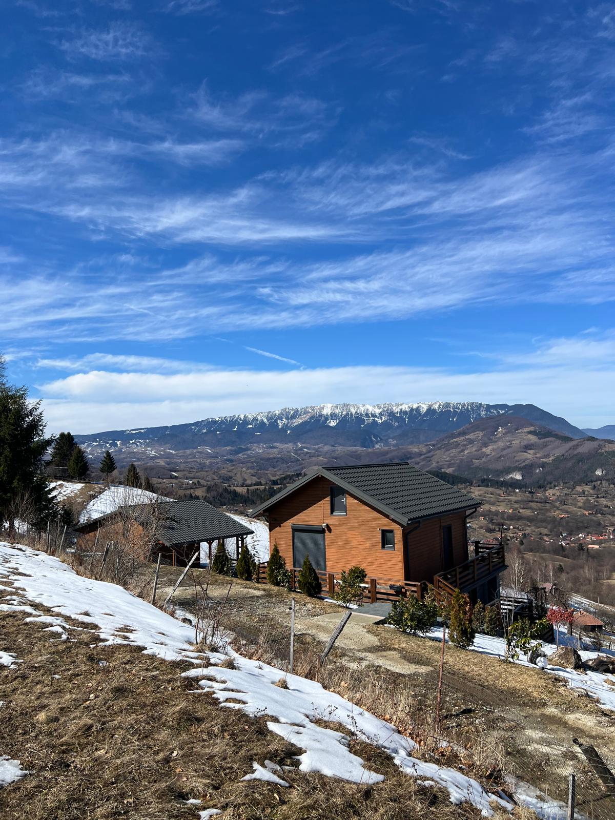 Peisaj de iarnă către munții din zona Bran